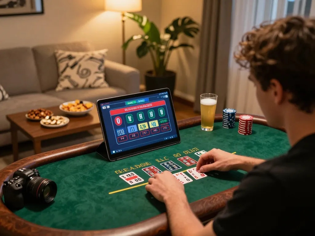S8 player engaging in online blackjack game on laptop with cozy home elements.
