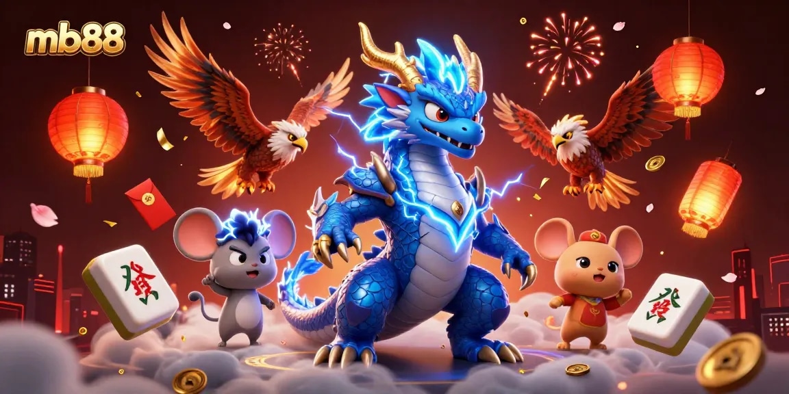 Experience the thrill of mb88 with a dynamic casino-themed illustration featuring a thunder dragon and glowing hawk.
