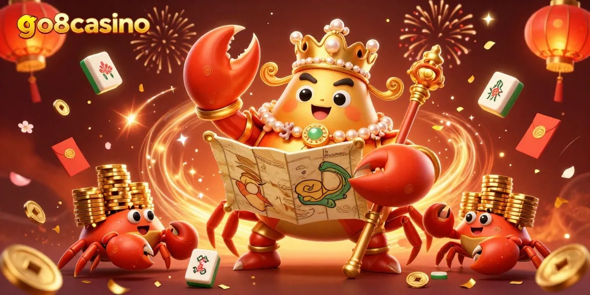 Engage with go8casino's vibrant gaming scene featuring a golden crab emperor and treasure-filled action.