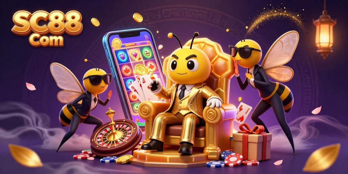 Engage with SC88 Com's vibrant casino scene featuring dynamic elements and a playful bumblebee mob boss.