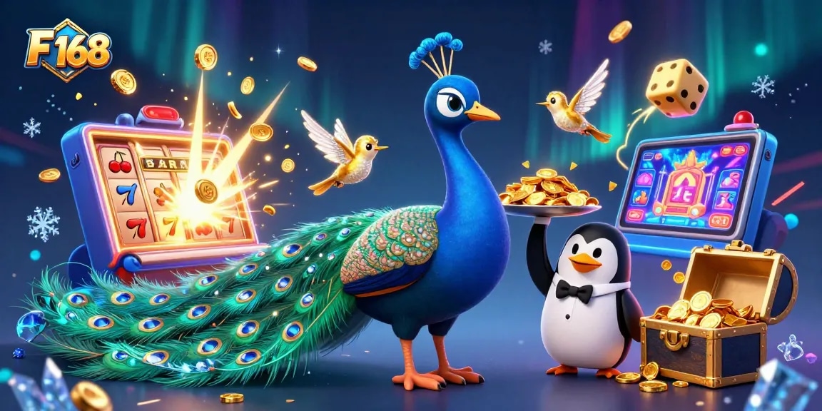 Experience F 168's thrilling casino gaming with vibrant slot machines and sparkling treasures in 3D