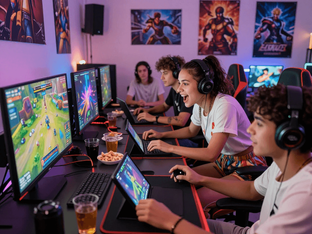 Engaging scene where gamers play porn games together on various devices, showcasing excitement and interaction.