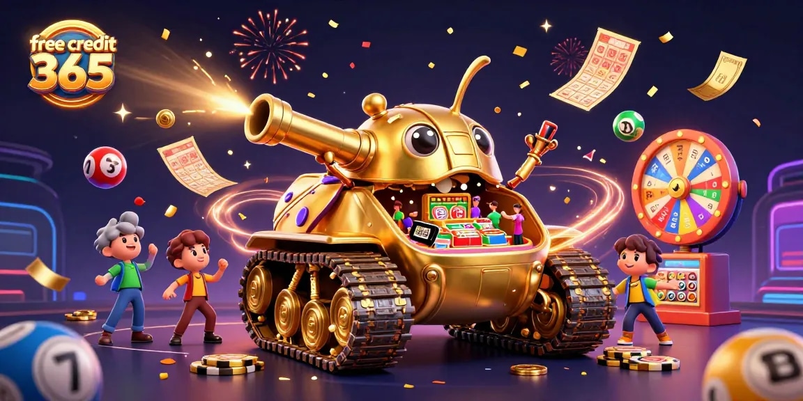 Experience the excitement of winning with free credit 365 at a vibrant casino scene featuring a golden beetle tank.