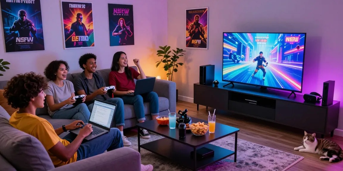 Friends enjoying the latest nsfw game in a vibrant living room