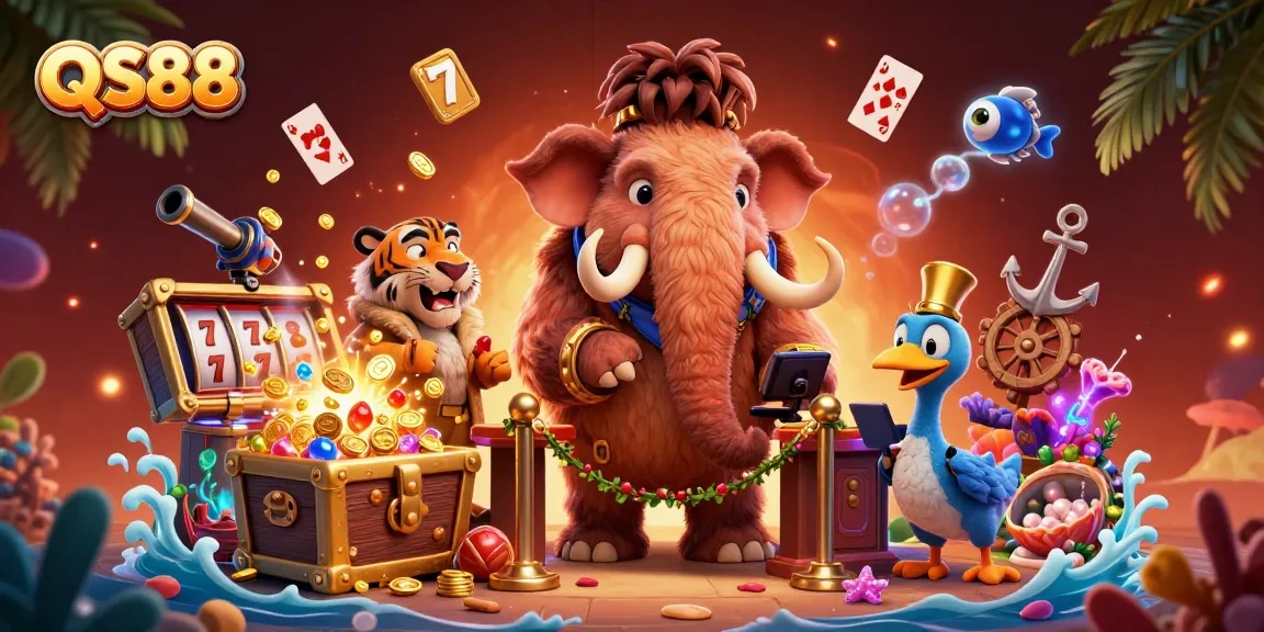Join the excitement at QS88 casino with a mammoth bouncer, VIP saber-tooth tiger, and fun slot elements!