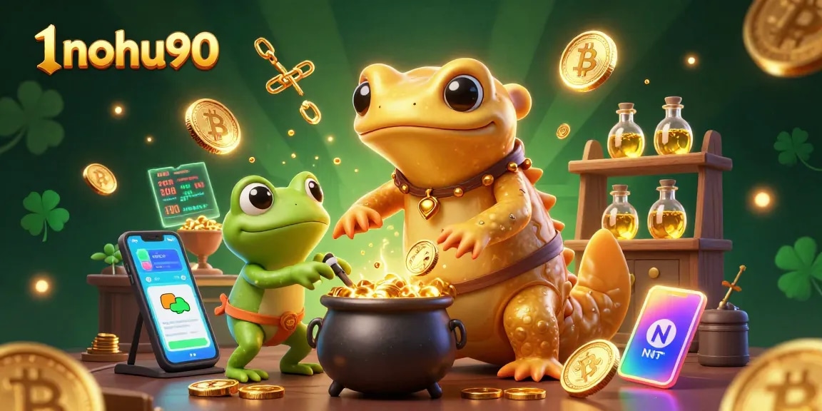 Engage with 1nohu90's vibrant online gaming world featuring a mystical alchemist and crypto elements.