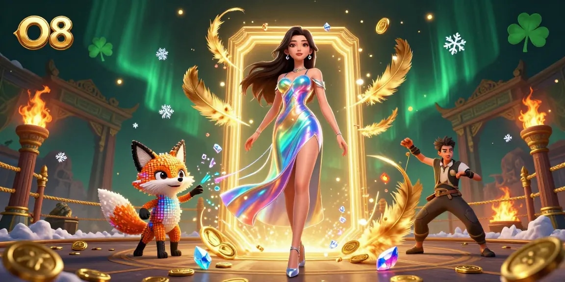 O8 players enjoying a vibrant 3D casino scene filled with action, colorful characters, and gold coins.