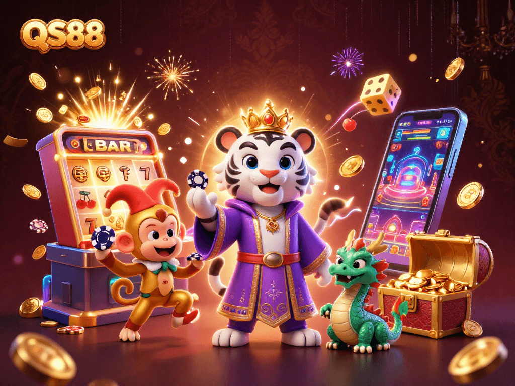Experience thrilling games at QS88 with an elegant tiger, playful monkey, and lively jade dragon in a vibrant casino scene.
