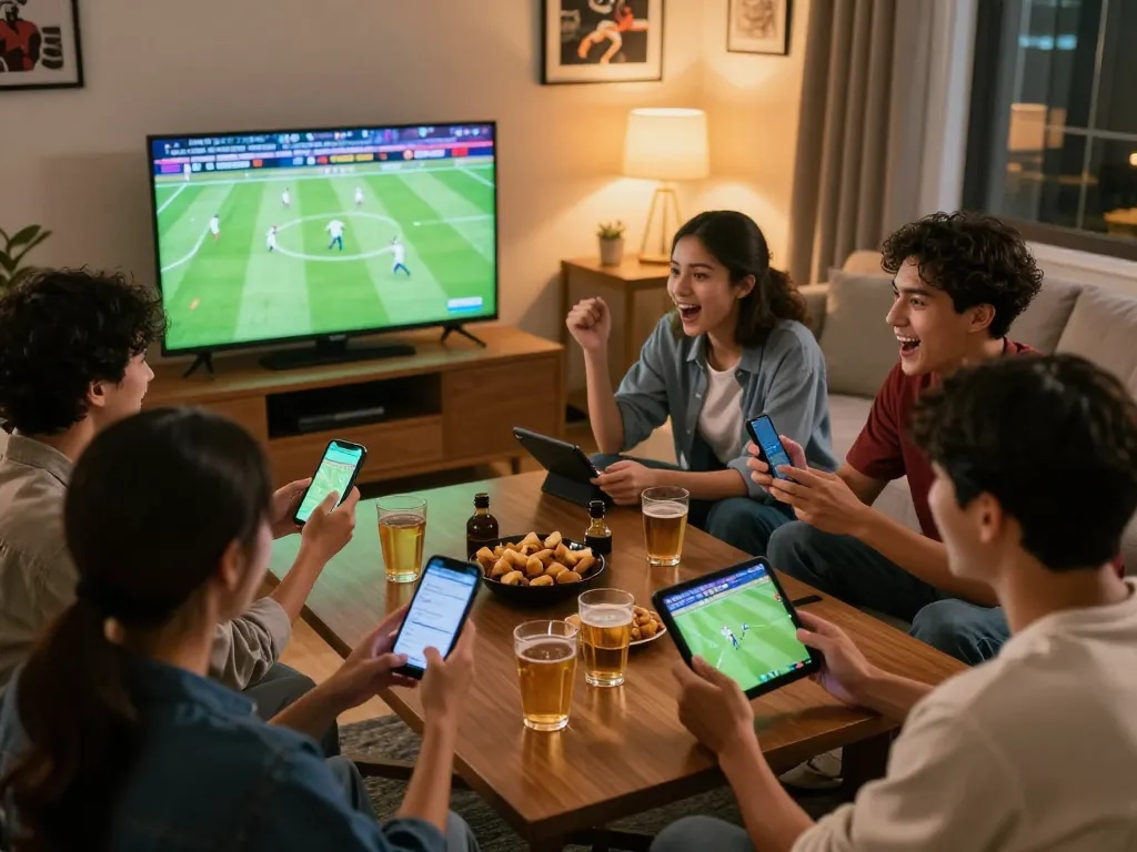 Engaged viewers using keo nha cai app on smartphone while placing bets during live sports matches.