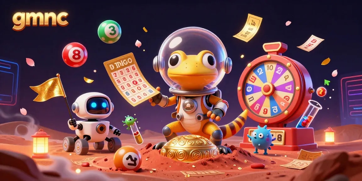 Experience excitement in the gmnc golden casino scene with a Martian gecko and lottery elements.