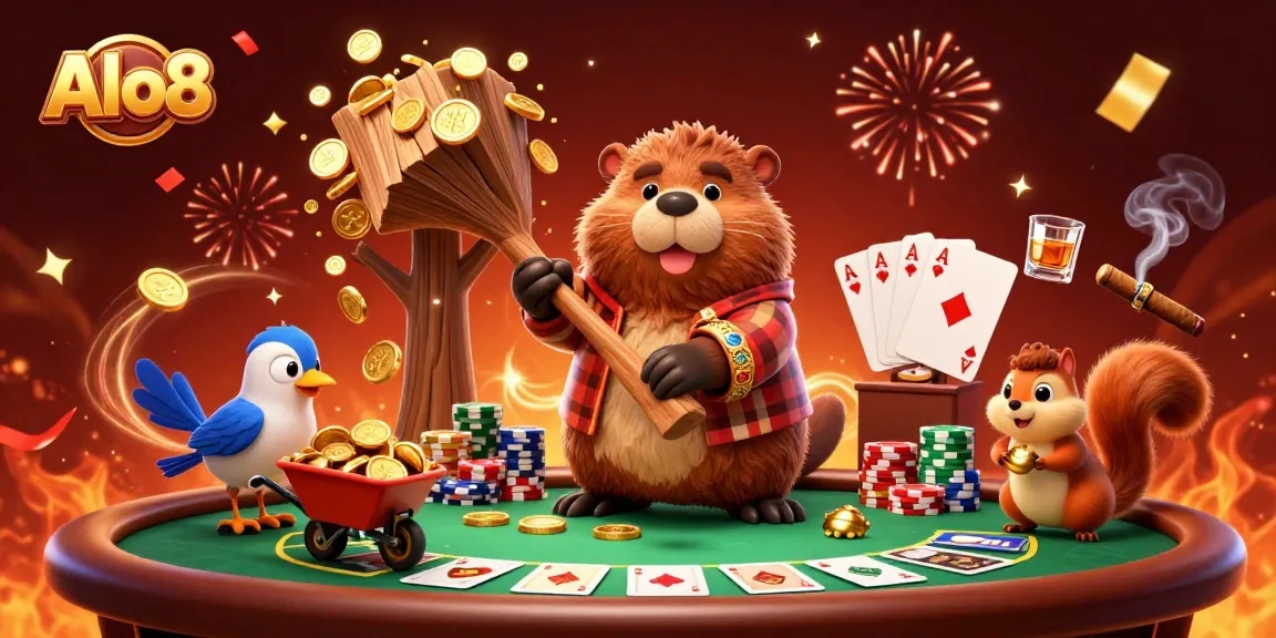 Alo8 showcases a lively scene with a beaver, a bird, and a squirrel celebrating gambling wins at a vibrant poker table.