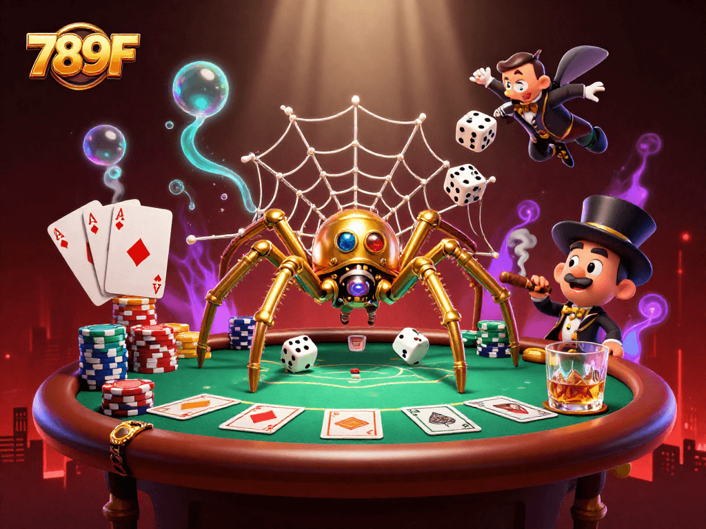 Experience thrilling gameplay at 789F with a steampunk spider capturing dice in a dynamic casino scene.