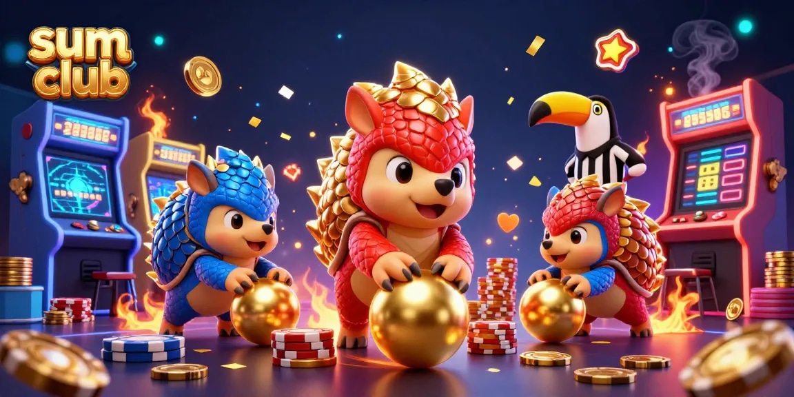 Competitive pangolins in a sum club-themed casino scene rolling golden balls and bursting poker chips.