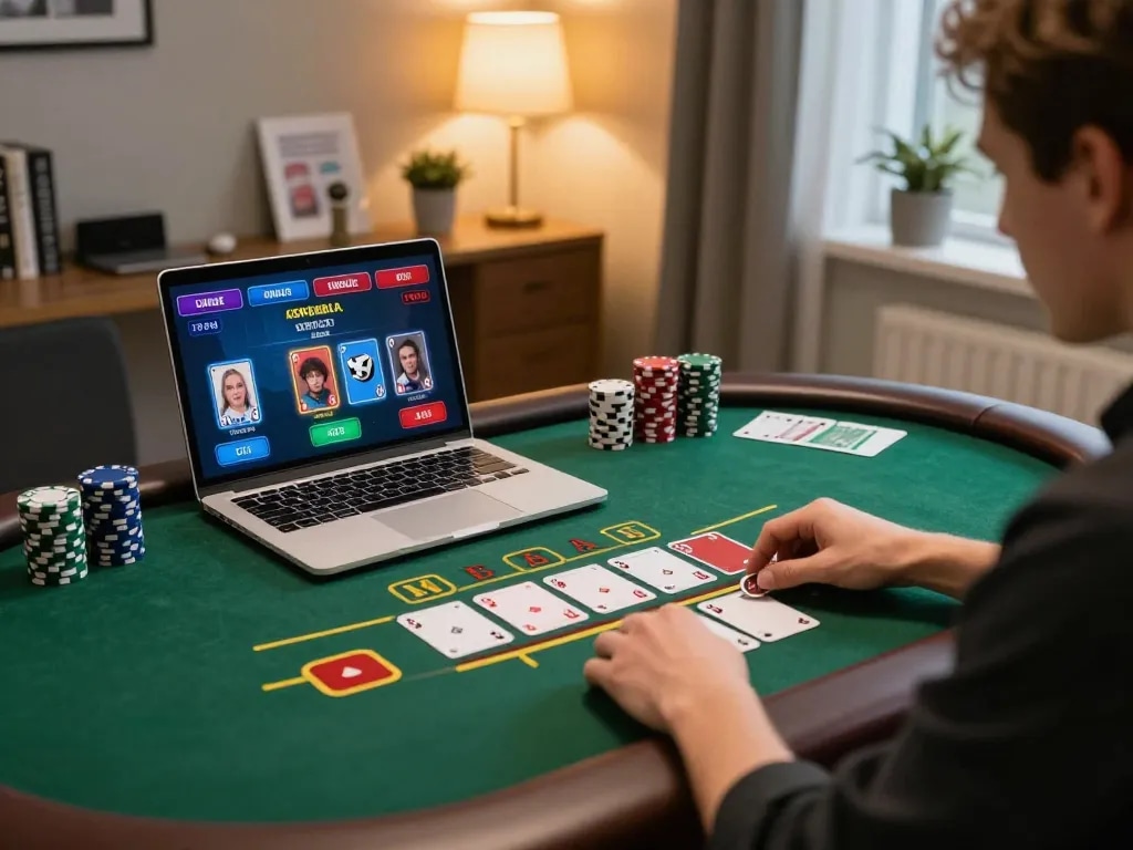 Engaged player participating in an immersive 88bet com live dealer blackjack game on a laptop, set in a stylish home