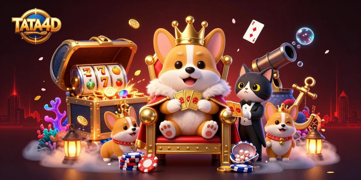 TATA4D showcases a royal corgi on a chip throne with gaming elements, enhancing your jackpot experience.