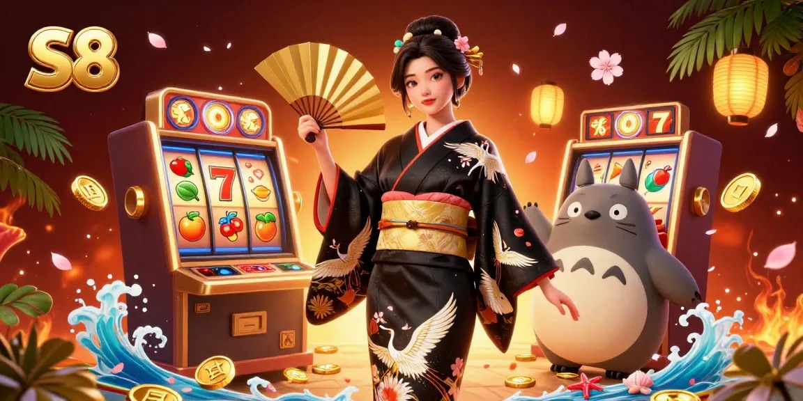 Experience thrilling slots at S8 with a captivating animated scene including a glamorous Asian woman and rich casino elements.