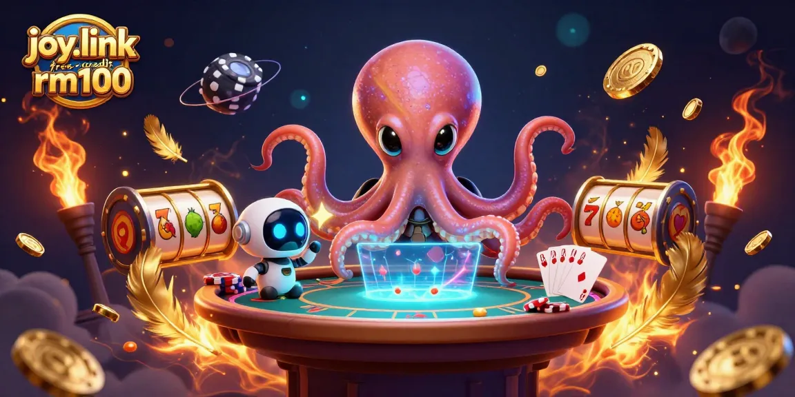 Engage with the vibrant joy.link free credit rm100 universe in this exciting poker scene featuring an octopus and robot.