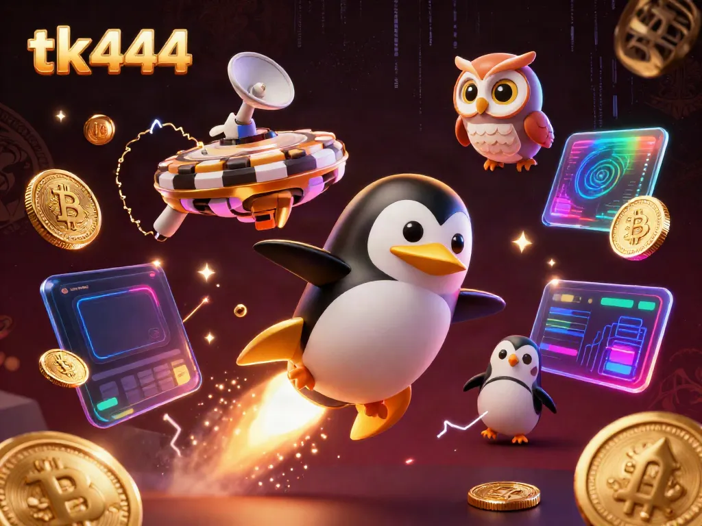 Experience thrilling games at tk444 with a golden penguin and crypto elements in a dazzling casino scene.