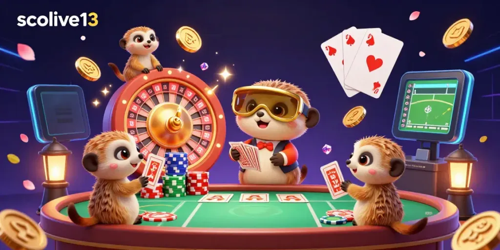 Experience the excitement of socolive13 with a lively sports betting scene featuring meerkats managing bets amidst a whirlwind of gaming elements.