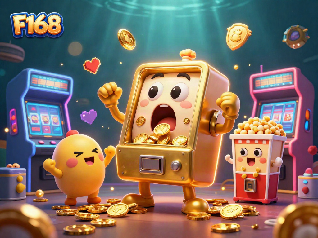 Engaging F168 casino illustration showing a golden slot machine celebrating a jackpot amidst arcade elements.