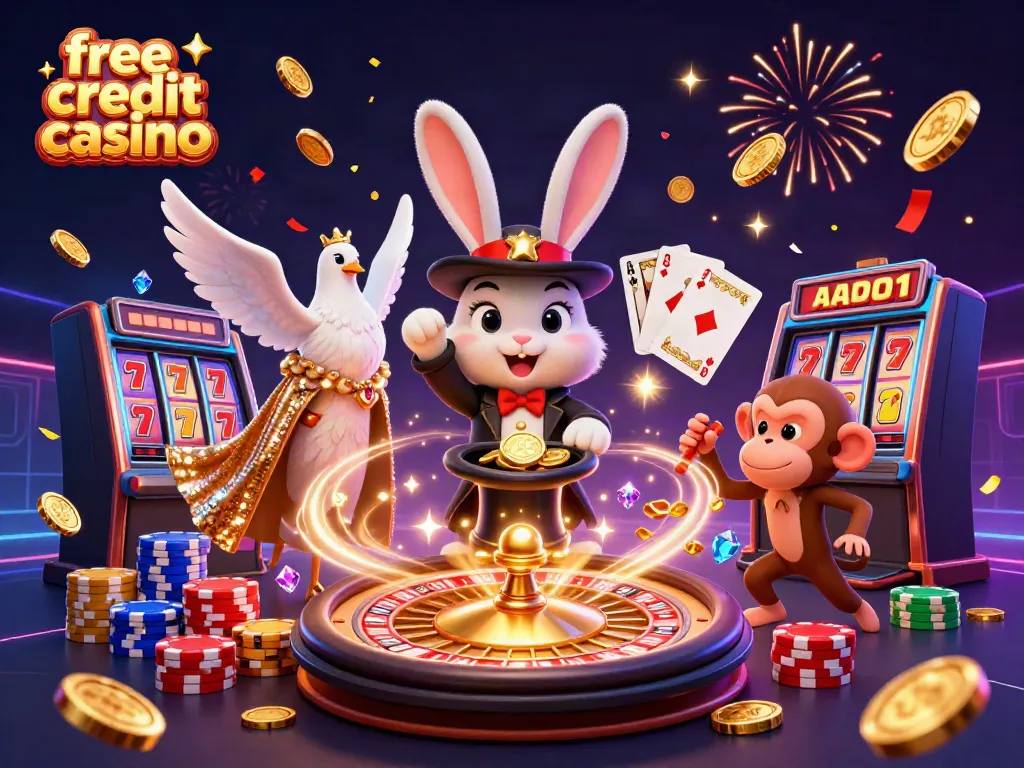 Spin for big wins with free credit casino offers featuring a cartoon magician, dove, and monkey in a festive setting.