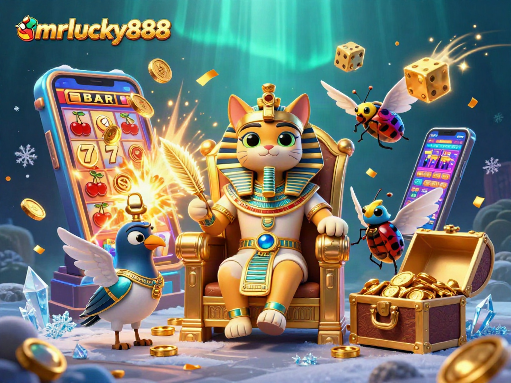Experience thrilling wins with mrlucky888 in a vibrant casino scene featuring ancient Egyptian characters.