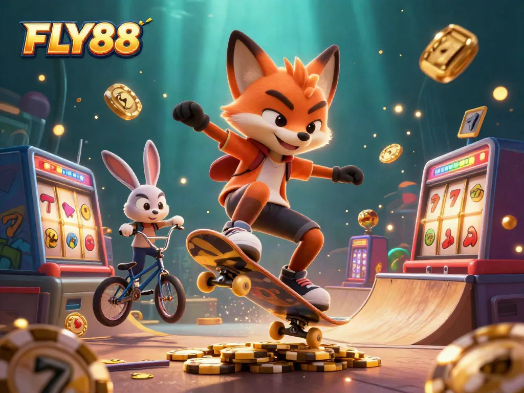 Experience the excitement of FLY88 with a dynamic casino-themed illustration featuring a skateboarder fox and BMX rabbit.