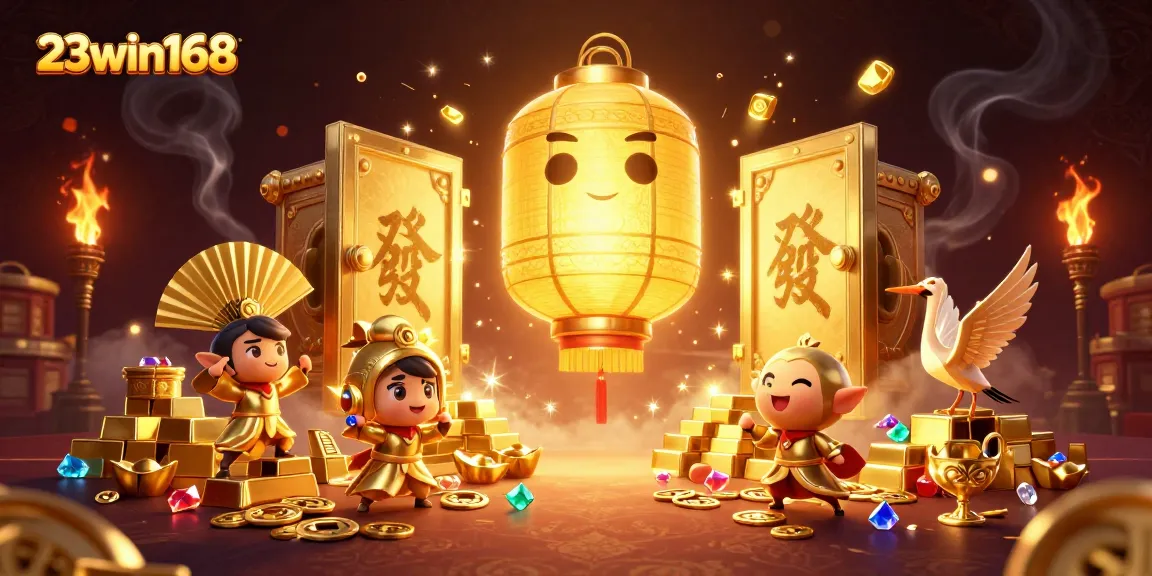 Join the excitement at 23win168 with a vibrant casino illustration showcasing gold treasures.