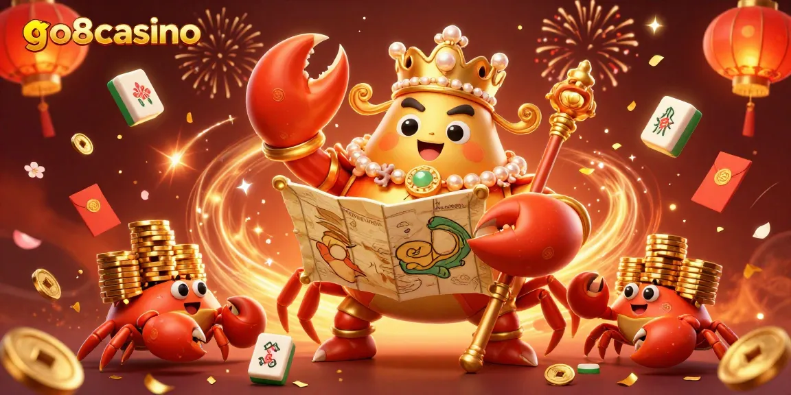 Engage with go8casino's vibrant gaming scene featuring a golden crab emperor and treasure-filled action.