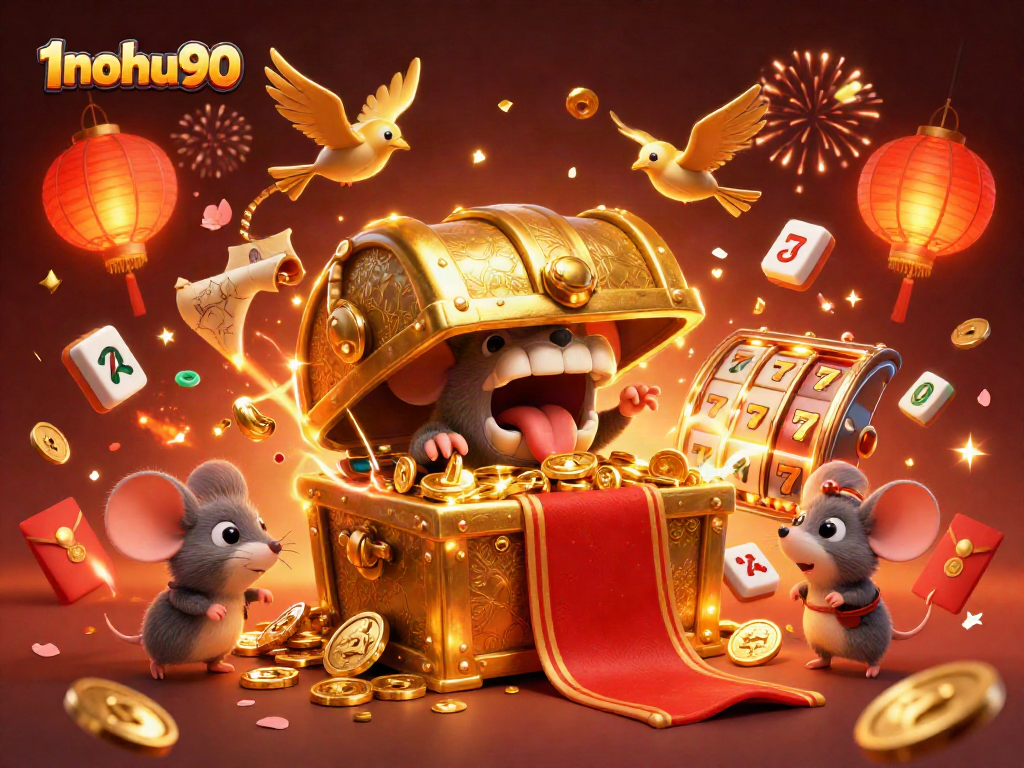Engage in thrilling adventures with 1nohu90's vibrant jackpot scene featuring spinning slot reels and golden treasure.