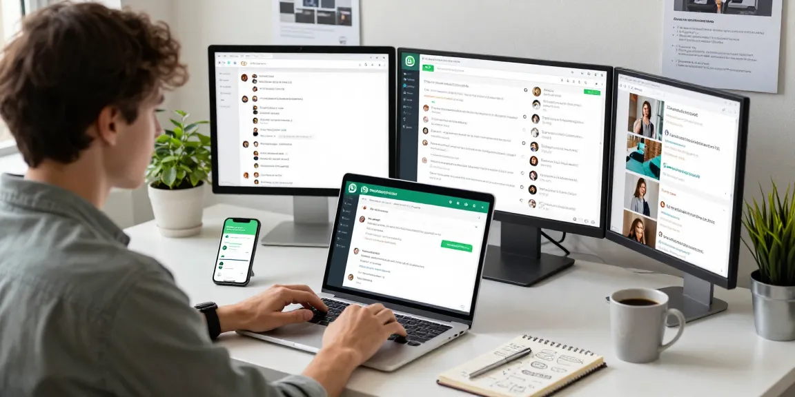 Using WhatsApp網頁版 on a laptop at a modern workspace, showcasing productivity and communication