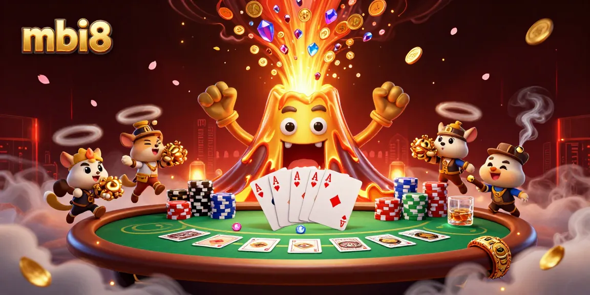 Join the excitement at mbi8 casino with a vibrant scene of treasures and poker action unfolding