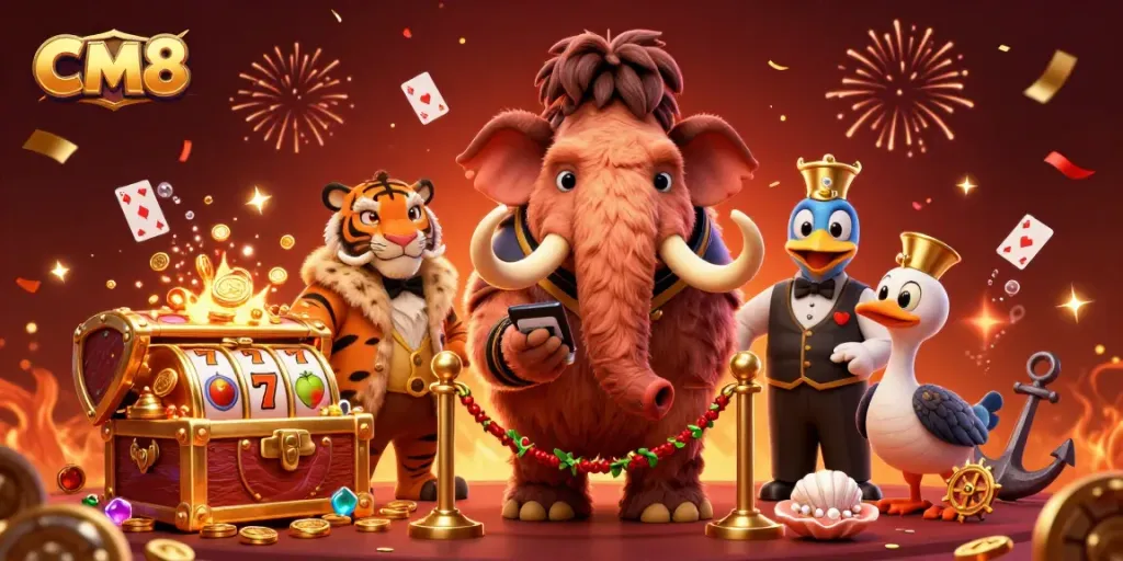 Experience thrilling CM8 casino fun with a bouncer checking IDs, VIP characters, and exciting game elements.