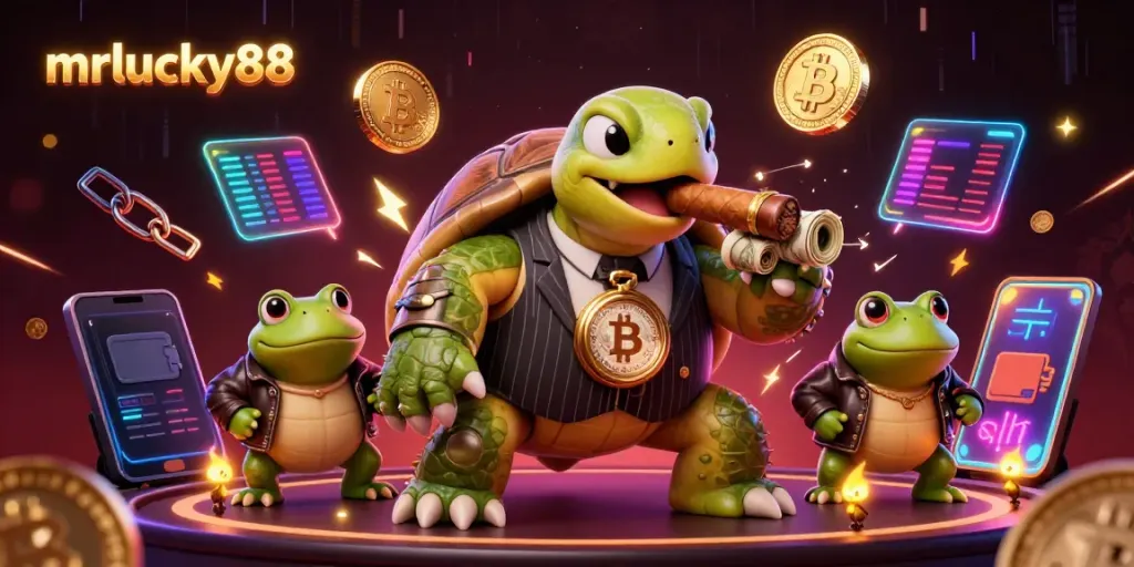 Experience thrilling gameplay at mrlucky88, featuring a cartoon turtle and frog enforcers amidst vibrant casino elements.