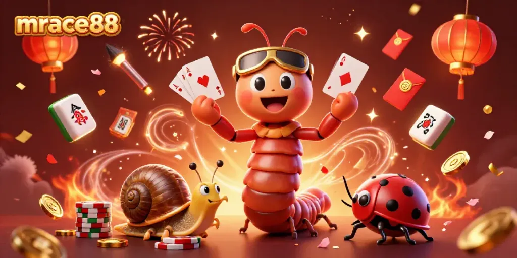 Experience the excitement with mrace88's vibrant 3D casino illustration showcasing a millipede dealer and a high roller snail.