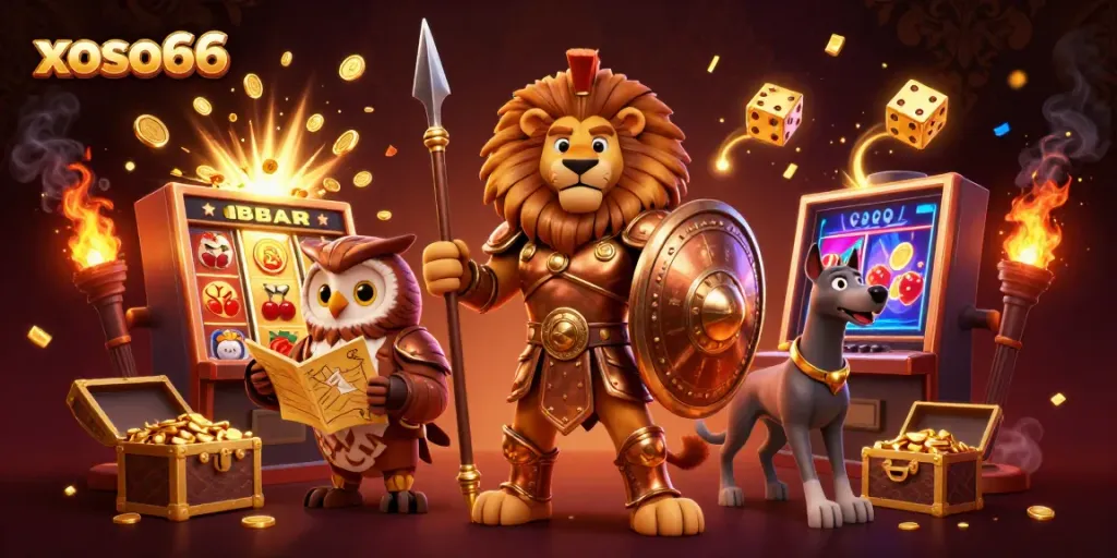 Join the excitement at xoso66 with a heroic Spartan lion, owl strategist, and racing greyhound amid a jackpot scene.