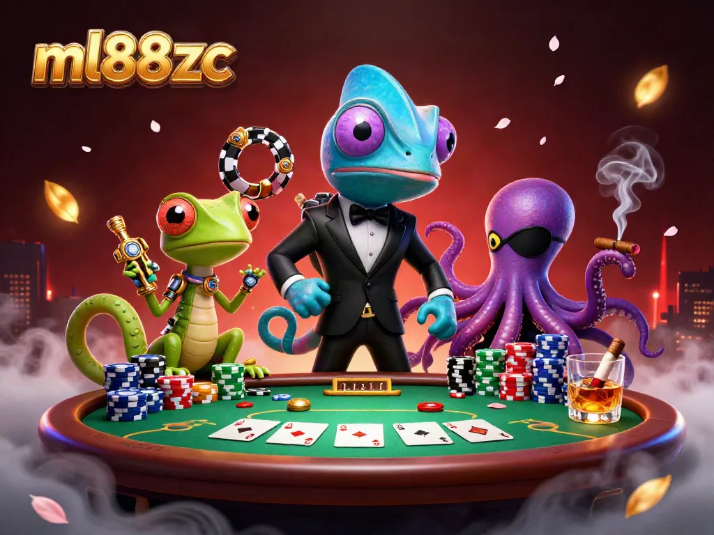 Experience ml88zc's thrilling poker action with a vibrant 3D illustration of a chameleon secret agent and captivating casino elements.
