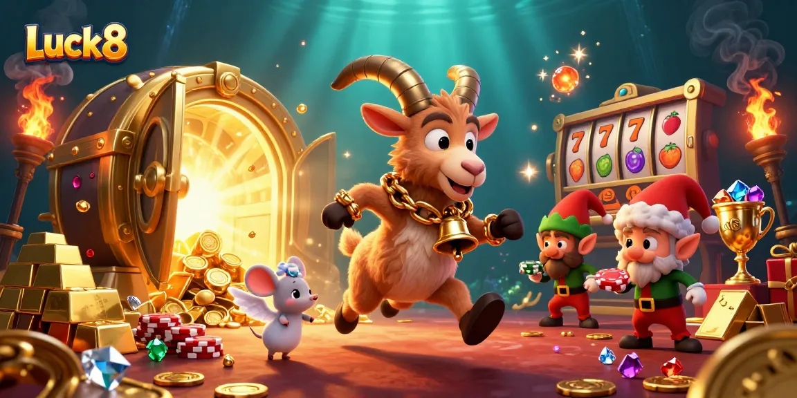 Luck8's lively casino with Krampus and elf gremlins amidst festive game action and treasures.