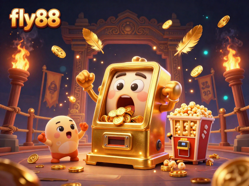 Engage with fly88's exciting jackpot scene featuring golden slot machines and coins cascading in celebration.