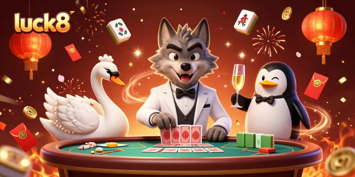 Experience the excitement of luck8 with vibrant characters at a baccarat table surrounded by festive casino elements.