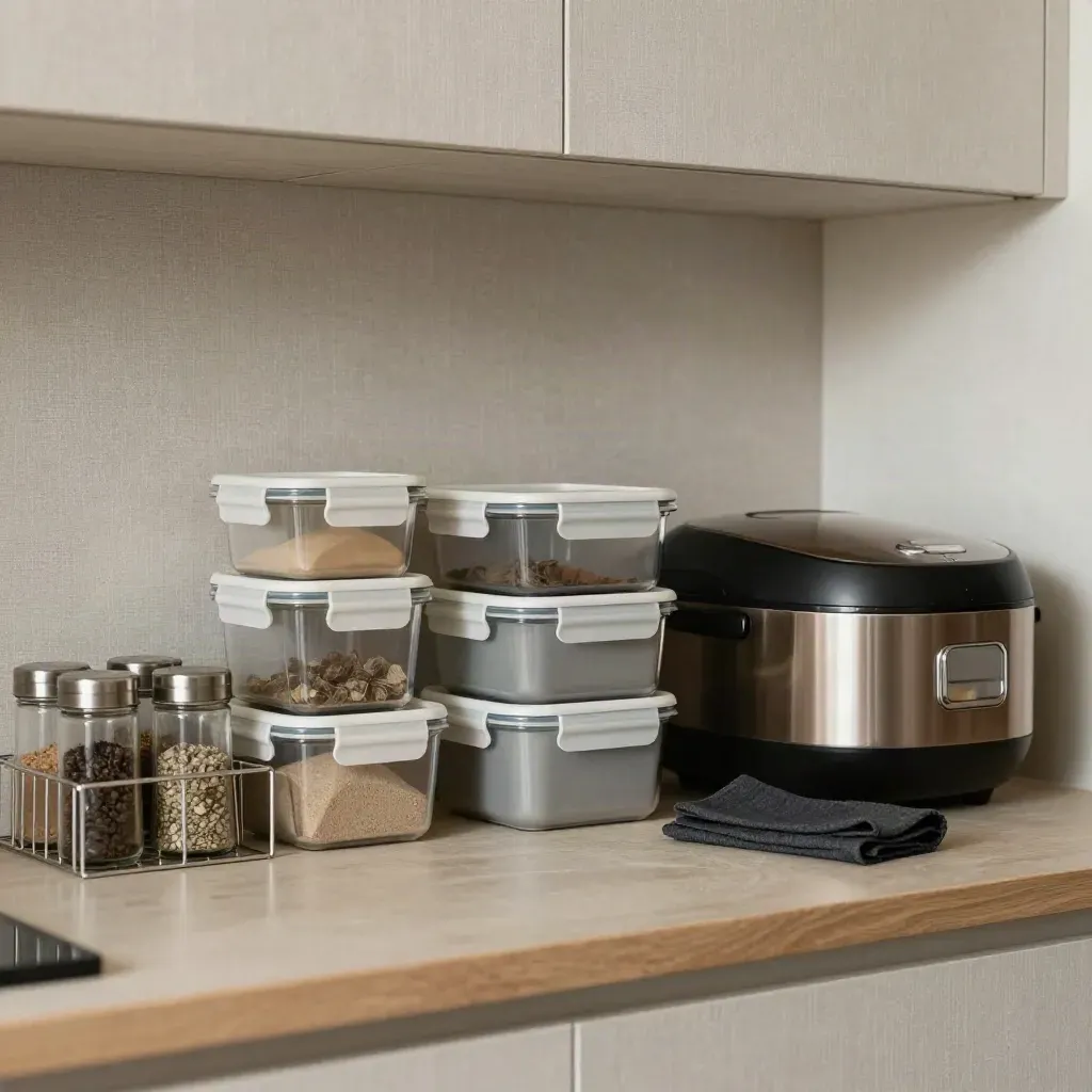 Rak dapur kecil dengan bekas makanan, balang rempah, rak pinggan dan kain lipat yang kemas.