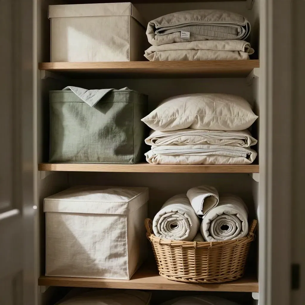 Rak almari linen dengan kotak simpanan, duvet lipat, bakul anyaman dan bekas kain tersusun kemas