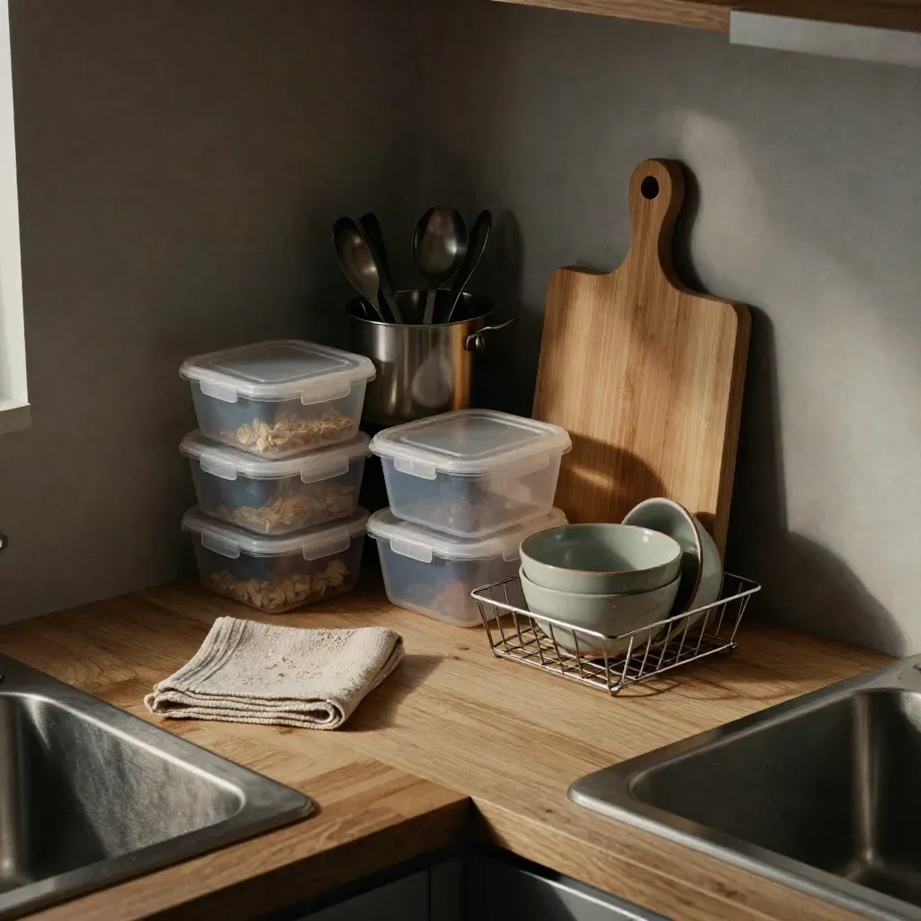 Sudut dapur kecil tersusun rapi dengan bekas simpanan, rak pinggan dan kain lipat.