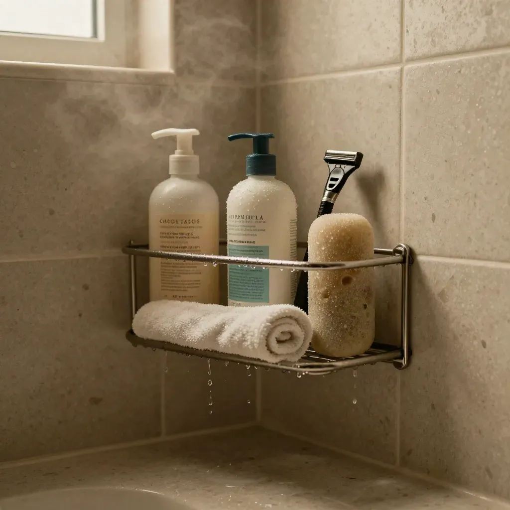 Rak bilik air sempit dengan syampu, body wash, tuala gulung dan wap selepas mandi.