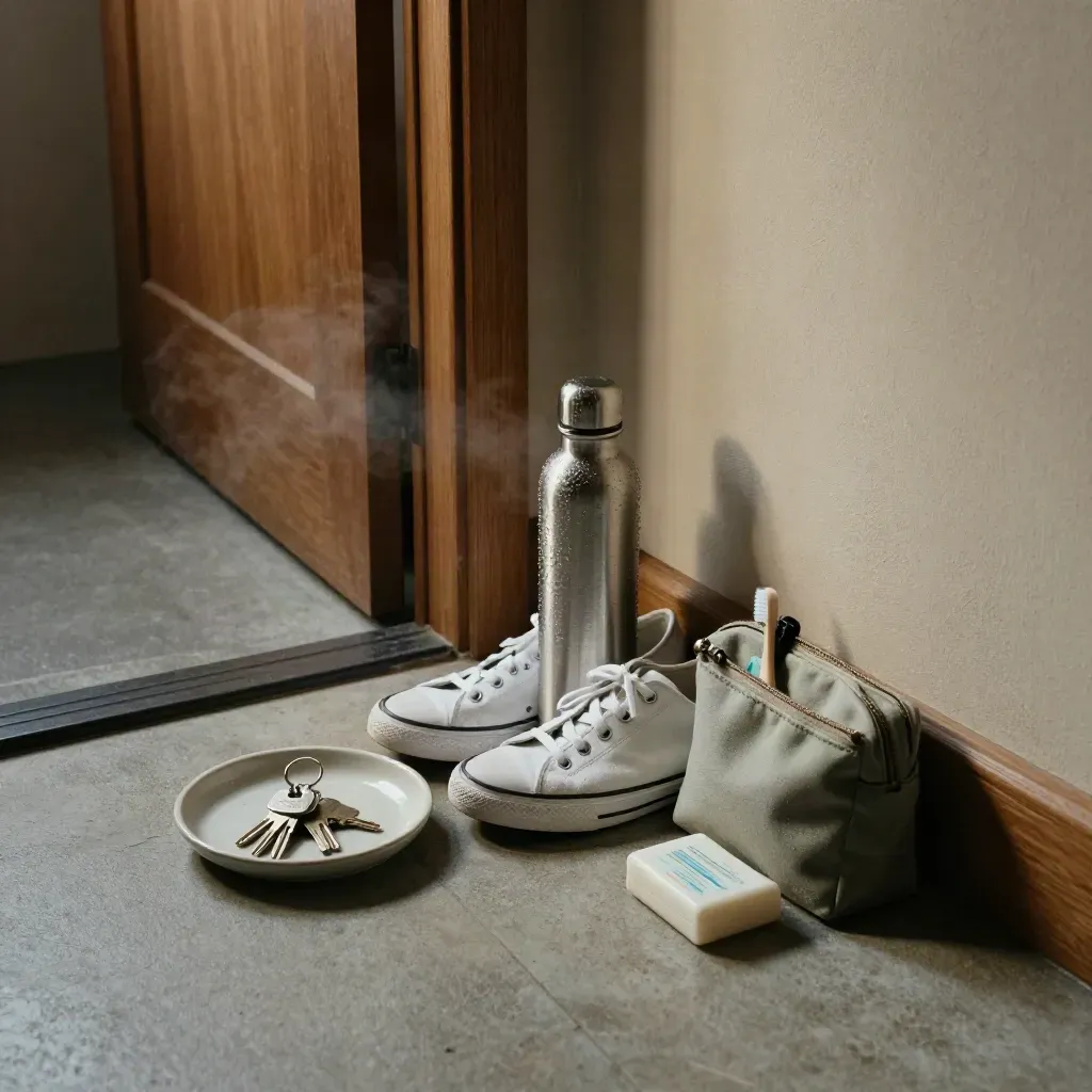Susun atur pintu masuk pagi dengan kasut, botol air, dulang kunci dan kit mandi.