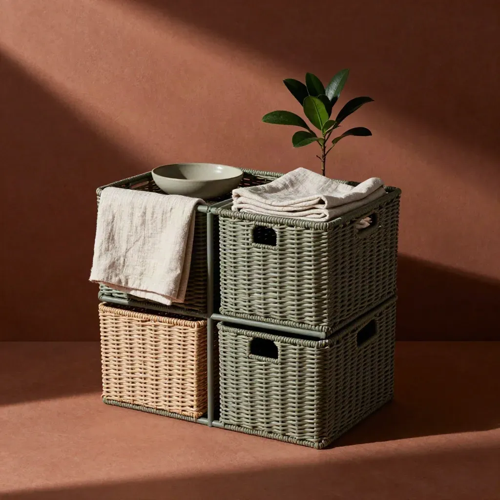 Set bakul simpanan bertingkat dengan kain lipat, piring seramik dan pokok kecil di permukaan terracotta.