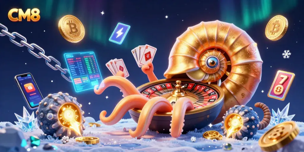 Engage in dynamic casino gameplay with CM8's vibrant 3D illustration featuring slots and crypto elements.
