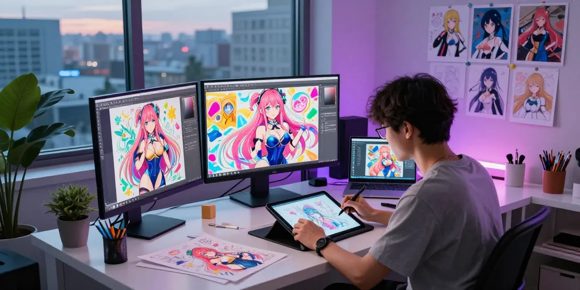 Creating stunning ai ecchi character designs in a vibrant studio.