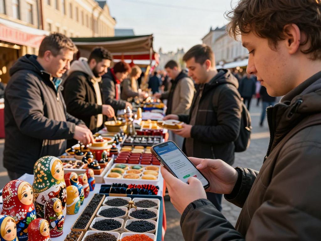 Pengunjung menggunakan https://payinrussia.com/ untuk pembayaran di pasar tempatan Rusia yang berwarna-warni.