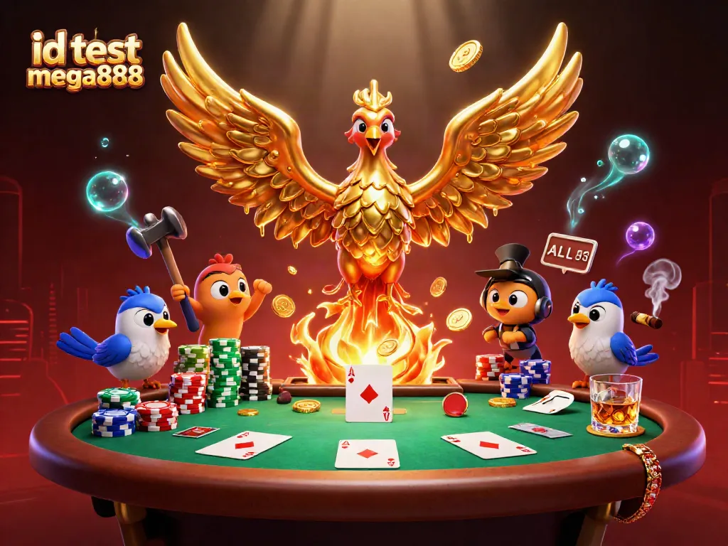 Experience the excitement of id test mega888 with a vibrant casino scene filled with golden phoenix and poker elements.